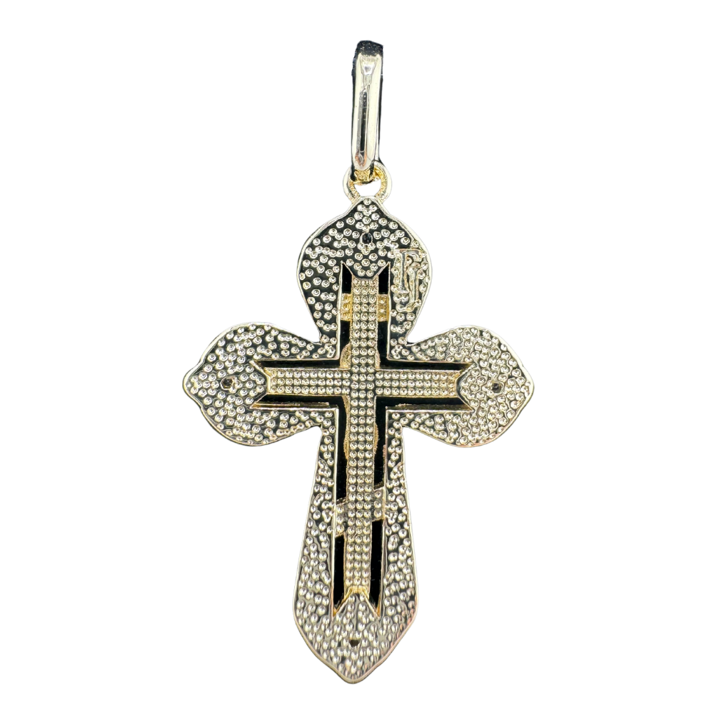 Divine Elegance: Orthodox Cross Pendant Plated In 14K Gold Brass Based with Zircon Stone w/o Chain Divine Elegance: Orthodox Cross Pendant Plated In 14K Gold Brass Based with Zircon Stone w/o Chain